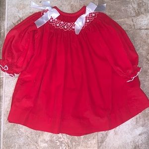 Girls red velvet smocked dress